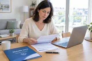 Femme d'âge moyen vérifiant des documents de mutuelle santé sur une table, ordinateur portable posé à côté, dans un appartement lumineux et moderne.
