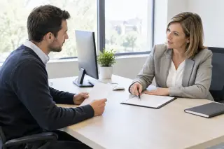 Employee and HR manager in a bright modern office discussing documents at a clean desk with natural daylight