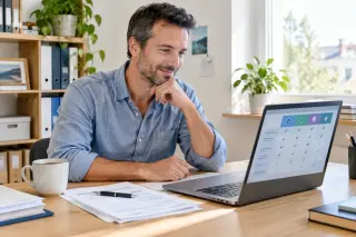 Travailleur indépendant souriant assis à un bureau avec ordinateur portable et documents, dans un espace de travail lumineux et accueillant.